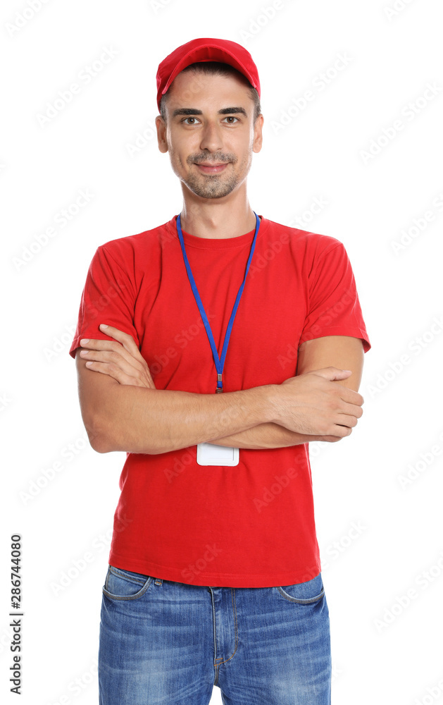 Portrait of happy young courier on white background Portrait of happy young courier on white background