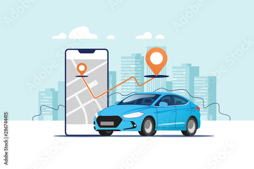 Fotobehang Blue car, smartphone with route and points location on a city map on the urban landscape background