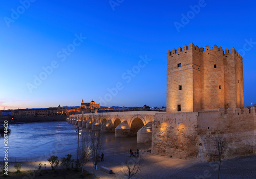 Cordoba,Spain,2,2014;Blue hour at the Calahorra Tower and the Roman bridge
