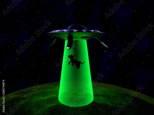 UFO abduction in night,3d render. photo