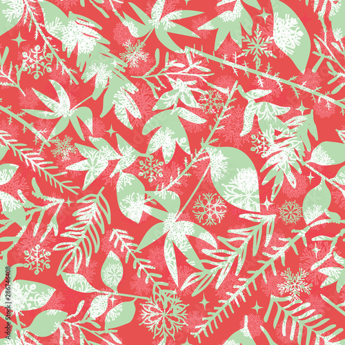Evergreen seamless pattern leaves, branches and snowflakes. Winter Christmas floral background. Vector