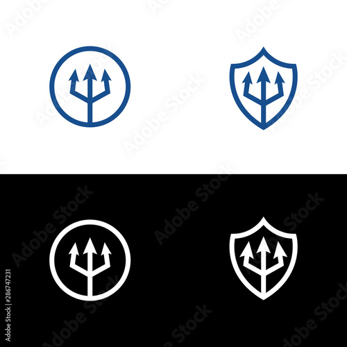 Circle and shield with trident icon in outline style on a white and black background.