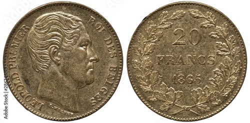 Belgium Belgian golden coin 20 twenty francs 1865, head of King Leopold I right, denomination and date flanked by sprigs,  photo