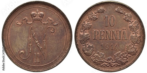 Finland Finnish coin 10 ten pennia 1914, Russian Administration, crowned monogram of Emperor Nickolas II, denomination and date,