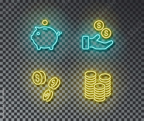 Neon banking signs vector isolated on brick wall. Piggy, bank, money, coin light symbol, decoration 