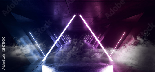 Smoke Neon Laser Glowing Blue Purple Triangle Corridor Sci Fi Futuristic Hallway Tunnel Underground Alien Spaceship Dance Disco Showroom Background Vibrant Beam Gateway 3D Rendering