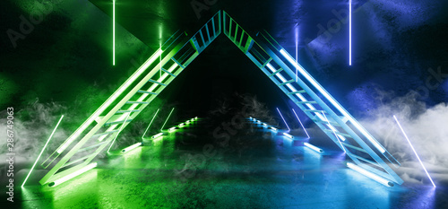 Smoke Neon Laser Glowing Yellow Green Blue Triangle Corridor Sci Fi Futuristic Hallway Tunnel Underground Alien Spaceship Dance Disco Showroom Background Vibrant Beam Gateway 3D Rendering