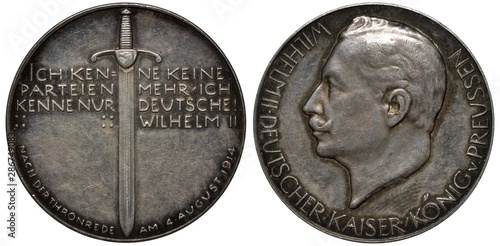 Germany German silver medal 1914, subject Kaiser Wilhelm II speech at opening of Reichstag, sword divides text in German, head of Wilhelm II left, photo