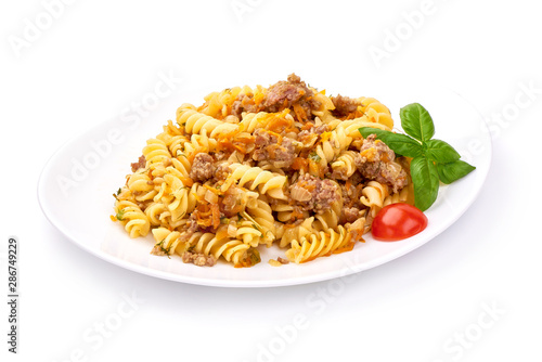 Pasta with minced meat, Fusilli Bolognese, isolated on white background
