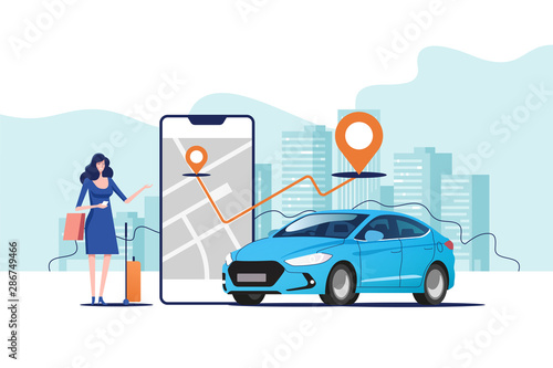 Fototapeta Naklejka Na Ścianę i Meble -  Online ordering taxi car, rent and sharing using service mobile application. Woman near smartphone screen with route and points location on a city map on the car and urban landscape background.