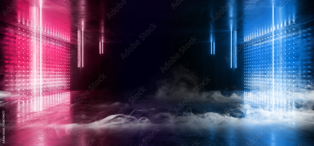 Smoke Neon Laser Glowing Blue Purple Sci Fi Futuristic Grunge Concrete  Tunnel Corridor Showroom Night Dark Empty Background Spaceship Club 3D Rendering