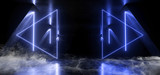 Smoke Neon Laser Glowing Blue Arrows Sci Fi Futuristic Grunge Concrete  Tunnel Corridor Showroom Night Dark Empty Background Spaceship Club 3D Rendering
