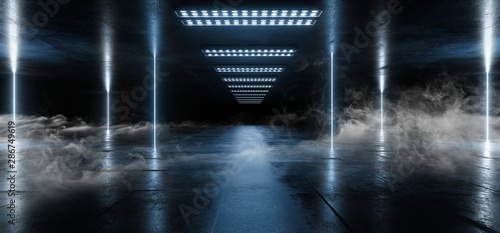 Smoke Neon Laser Glowing Blue Arc Pylons Lines Sci Fi Futuristic Grunge Concrete Tunnel Corridor Showroom Night Dark Empty Background Spaceship Club 3D Rendering