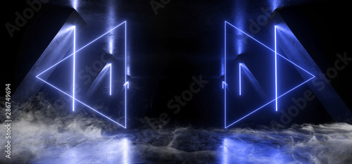 Fototapeta Naklejka Na Ścianę i Meble -  Smoke Neon Laser Glowing Blue Arrows Sci Fi Futuristic Grunge Concrete  Tunnel Corridor Showroom Night Dark Empty Background Spaceship Club 3D Rendering