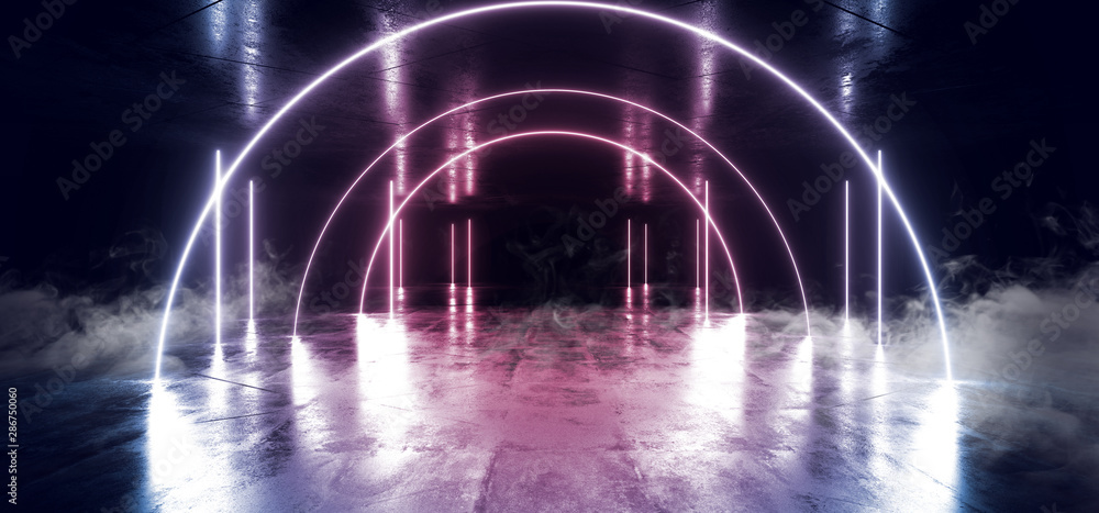 Smoke Neon Laser Glowing Purple Blue Triangle Corridor Sci Fi Futuristic Hallway Tunnel Underground Alien Spaceship Dance Disco Showroom Background Vibrant Beam Gateway 3D Rendering