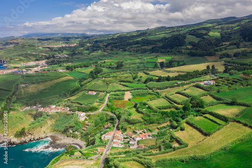 Sao Miguel  landscape Azores  Portugal  aerial drone wide view