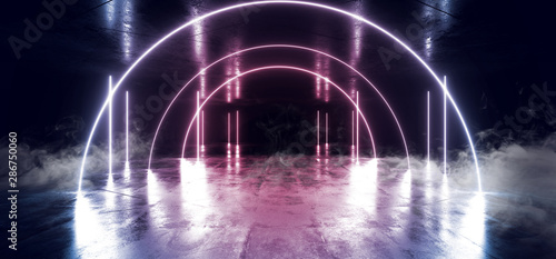 Fototapeta Naklejka Na Ścianę i Meble -  Smoke Neon Laser Glowing Purple Blue Triangle Corridor Sci Fi Futuristic Hallway Tunnel Underground Alien Spaceship Dance Disco Showroom Background Vibrant Beam Gateway 3D Rendering