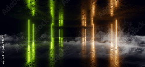 Smoke Neon Laser Glowing Orange Green Pylon Lines Corridor Sci Fi Futuristic Hallway Tunnel Underground Alien Spaceship Dance Disco Showroom Background Vibrant Beam Gateway 3D Rendering