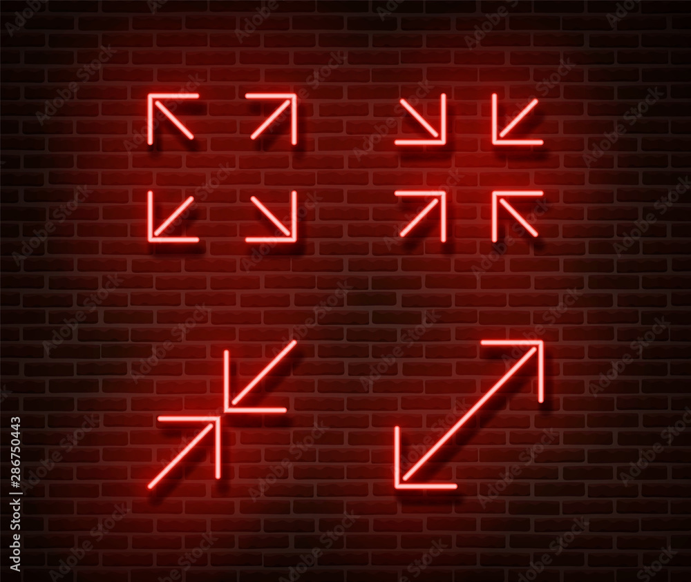 Neon maximize, minimize screen signs vector isolated on brick wall. Video player light symbol, decor
