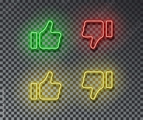 Neon thumb up, down signs vector isolated on brick wall. Like, unlike, light symbol, decoration effe