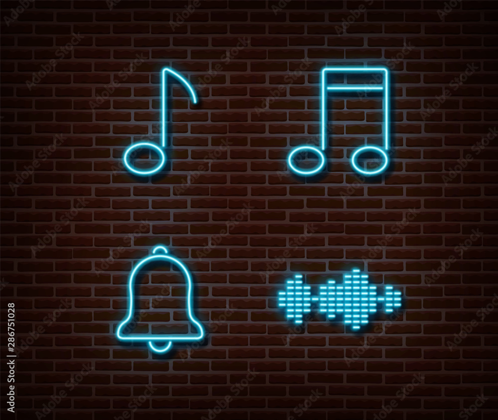 Neon music signs vector isolated on brick wall. Musik key, note, ring, equalizer  light symbol, decor Stock Vector | Adobe Stock