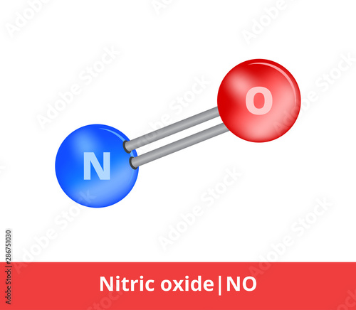 Vector ball-and-stick model of chemical substance. Icon of nitric oxide or nitrogen monoxide molecule NO consisting of nitrogen and oxygen. Structural formula with double bond isolated on white.