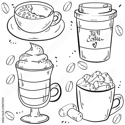 Vector contour illustration with coffee, americano, espresso, latte and marshmallow on white background. Good for printing. Coloring book idea. Doodle style. 