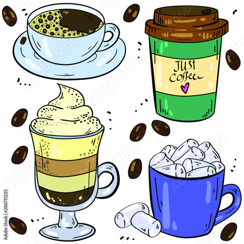 Vector colorful illustration with coffee, latte, marshmallow and coffee beans on white background. Isolated illustrations, doodle style. Good for printing. Logo and postcard elements.