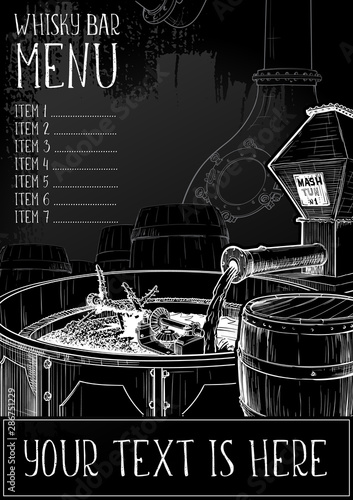 Menu templated for the whisky related businesses. Black and white sketch imitating chalk drawing on a blackboard. Grunge texture background. EPS10 vector illustration.