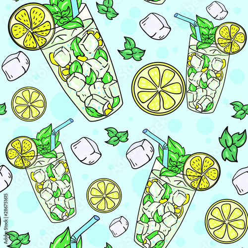 Vector seamless pattern with mojito cocktail, lemon slice and mint leaf on blue background with circles. Wallpaper, textile and fabric design. Good for printing. wrapping paper pattern. Cute pattern.