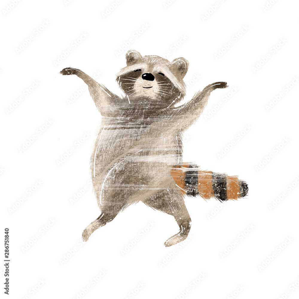 Cute hand drawn illustration of raccoon in acrobatic pose ideal for forest projects and autumn paper crafts