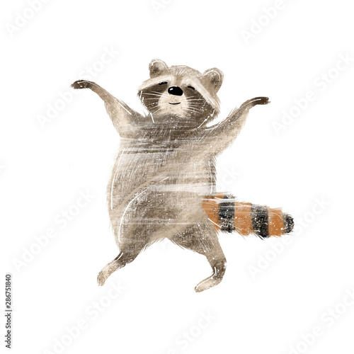 Cute hand drawn illustration of raccoon in acrobatic pose ideal for forest projects and autumn paper crafts