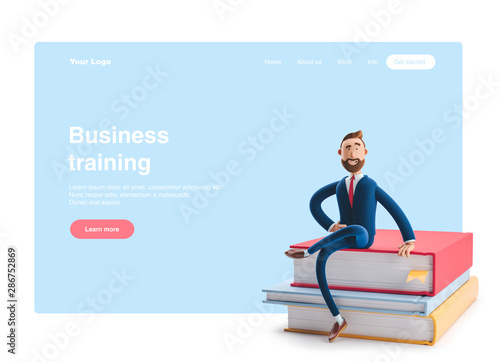 Handsome beard businessman Billy is sitting on a stack of books. The concept of business education. Web banner, start site page, infographics, business training concept.