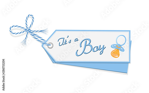 Baby Karte „It`s a Boy“ mit Schnuller und Schleife in blau, Vektor Illustration isoliert auf weißem Hintergrund