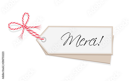 Vielen Dank Karte mit Schleife, Text in französischer Sprache, Vektor Illustration isoliert auf weißem Hintergrund
