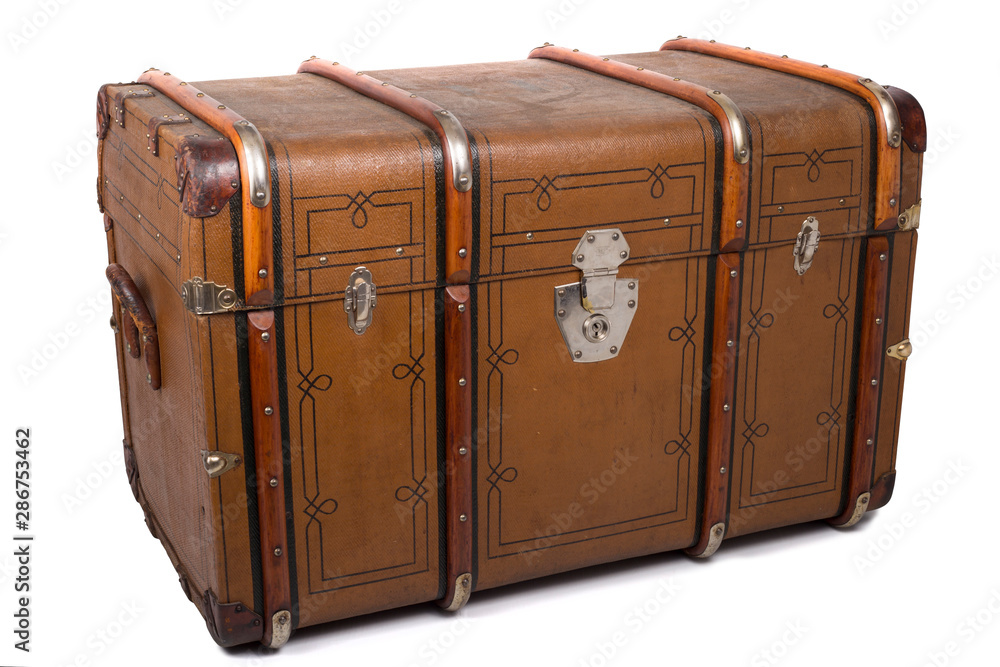 Antique Tin Travel Trunk Steamer Chest closed isolated on white background - obrazy, fototapety, plakaty 