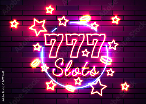 Casino slots signs. Neon logos slot machine gambling emblem, the bright banner neon casino for your projects. Night light billboard, design element.