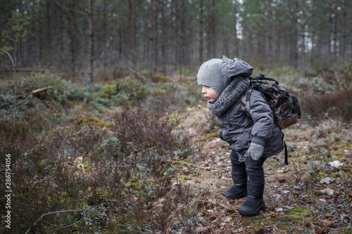 Little boy go hiking with backpack on the forest on a cold day