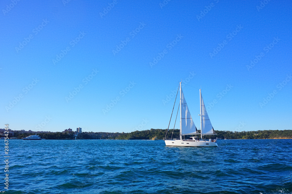 Boats on Sydney Harbour with blue skies