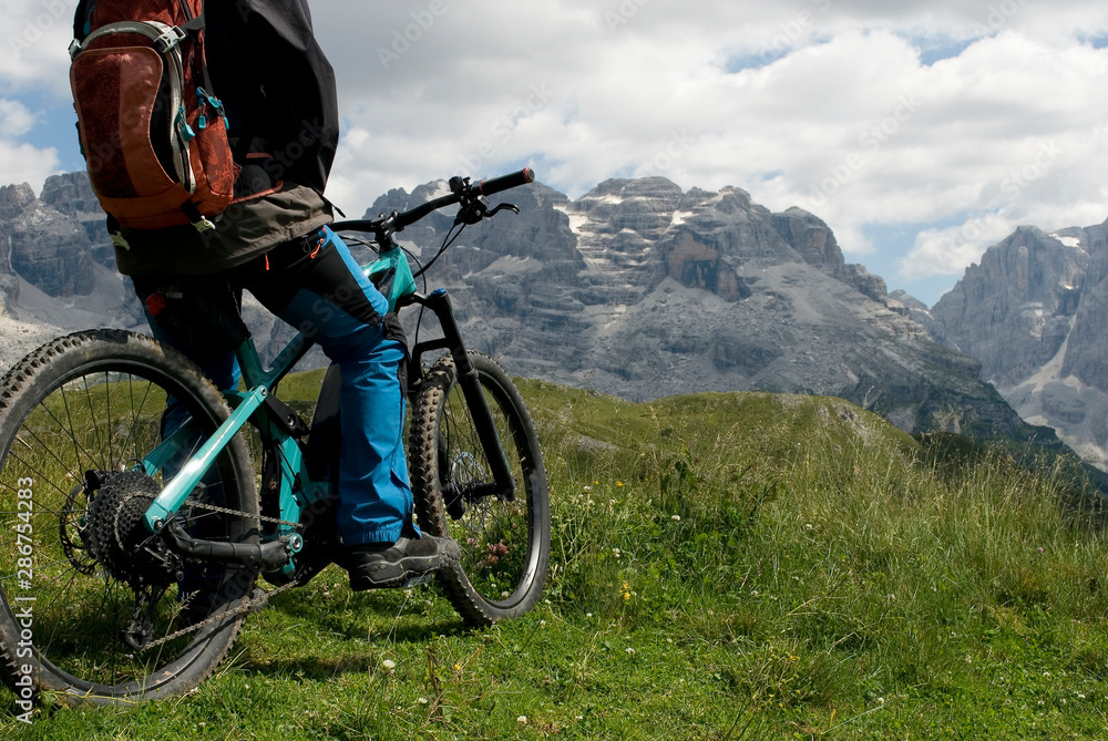 Fototapeta premium man with electric bike, e-bike, ebike, looking mountains of Tosa and Brenta Peak, Grosté Pass, meadow, Dolomites, Madonna di Campiglio, summer, sport, adventure, travel, Alps, Trentino, Italy