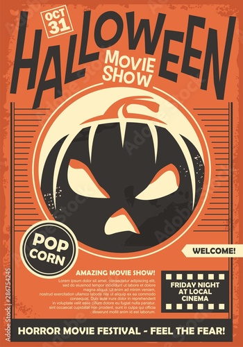 Halloween movie show promo poster template. Cinema horror movies festival flyer layout. Vector illustration on orange paper background.