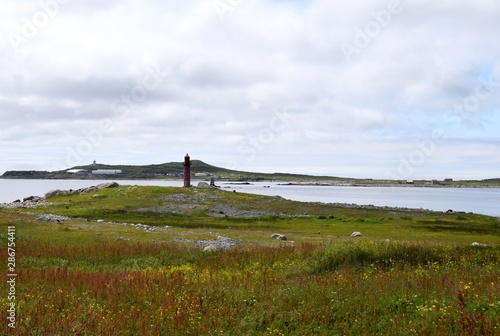 view across the meadow on the southern tip of Ile aux towards the lighthouse, Saint Pierre et Miquelon