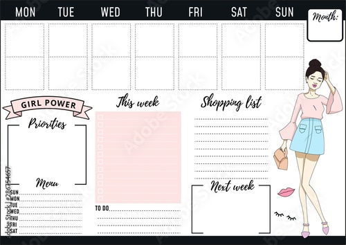 Weekly planner design with fashion elements and young women. Vector illustration