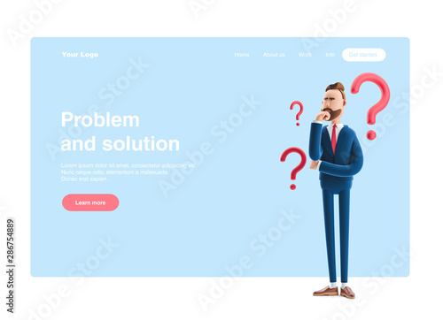 Fototapeta Naklejka Na Ścianę i Meble -  3d illustration. Businessman Billy looking for a solution. Web banner, start site page, infographics, problem and solution concept.