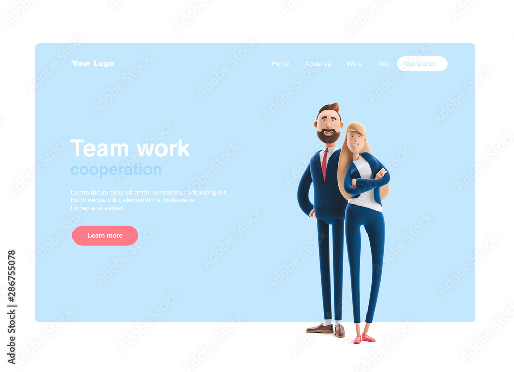 Fototapeta premium 3d illustration. Business couple Emma and Billy standing on a blue background. Web banner, start site page, infographics, teamwork concept.