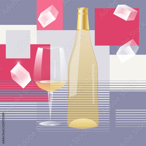 White wine bottle, transparent glass, ice - abstract background with geometric shapes - vector.