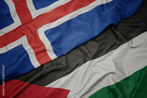 waving colorful flag of palestine and national flag of iceland.