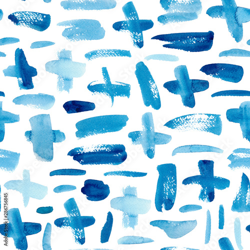 Seamless pattern with blue watercolor crosses and strips. Ultramarine watercolor wallpaper.