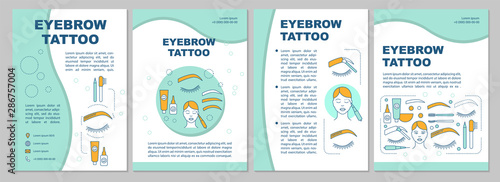 Eyebrow tattoo brochure template layout. Permanent makeup blue flyer, booklet, leaflet print design with linear illustrations. Vector page layouts for magazines, annual reports, advertising posters