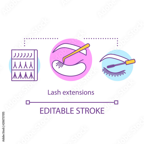 Lash extensions concept icon. Beauty service idea thin line illustration. Classic, 2d and 3d volume. Procedure in beauty salon. Eyelash dyeing. Vector isolated outline drawing. Editable stroke